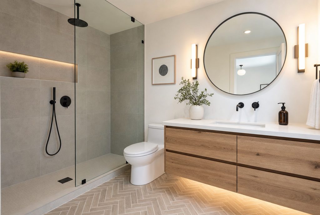 Remodeled bathroom with walk-in tile shower and floating vanity