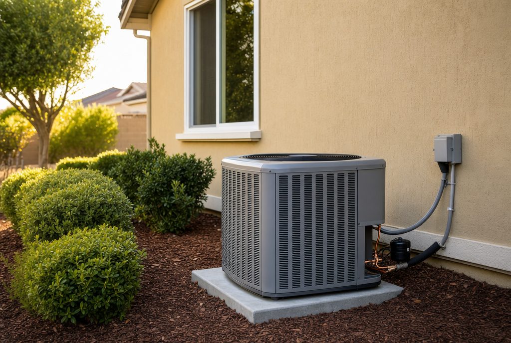 New central air conditioner condenser installed beside a Brentwood home