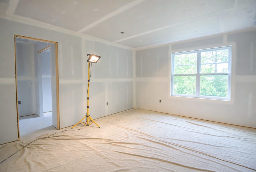 Room mid-renovation with new drywall and window installed