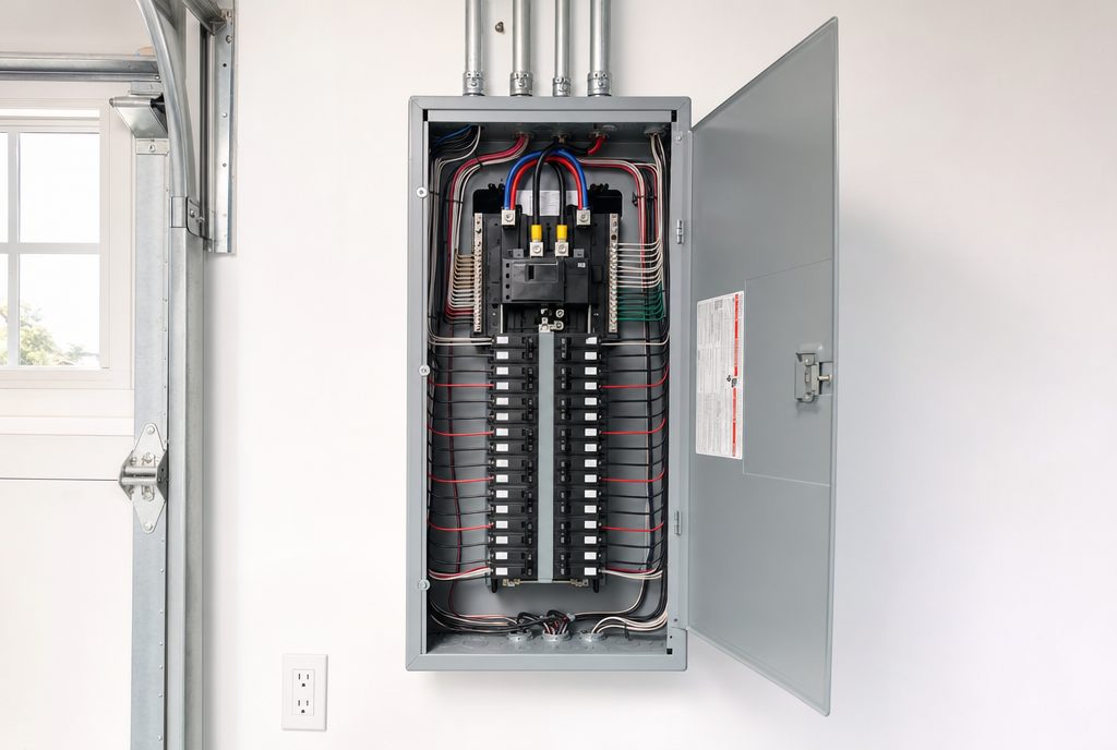 New residential electrical panel with labeled breakers