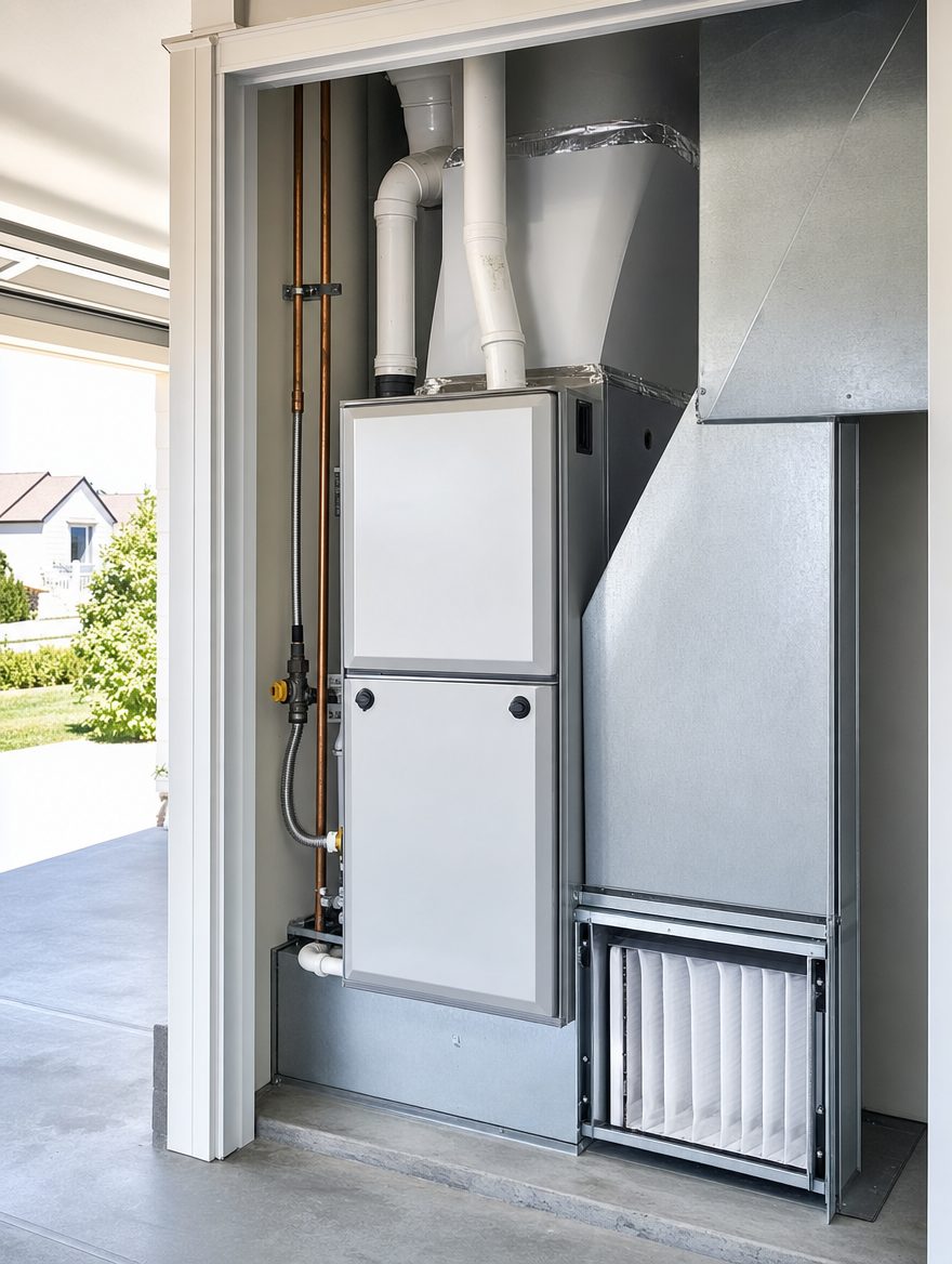 New high-efficiency gas furnace in a garage closet