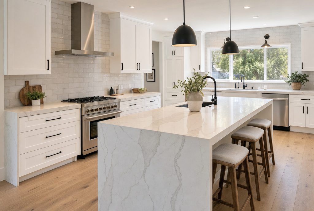 Remodeled kitchen with white shaker cabinets and quartz island