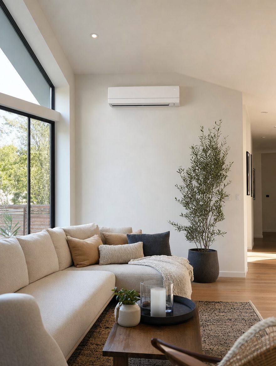 Ductless mini-split heat pump in a living room