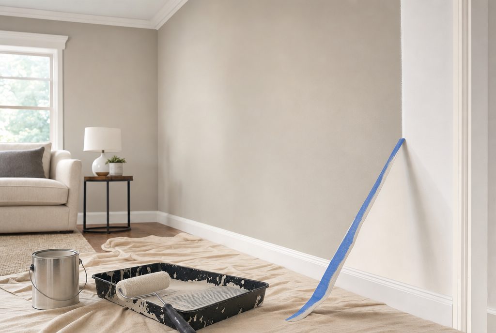 Freshly painted interior wall with crisp white trim